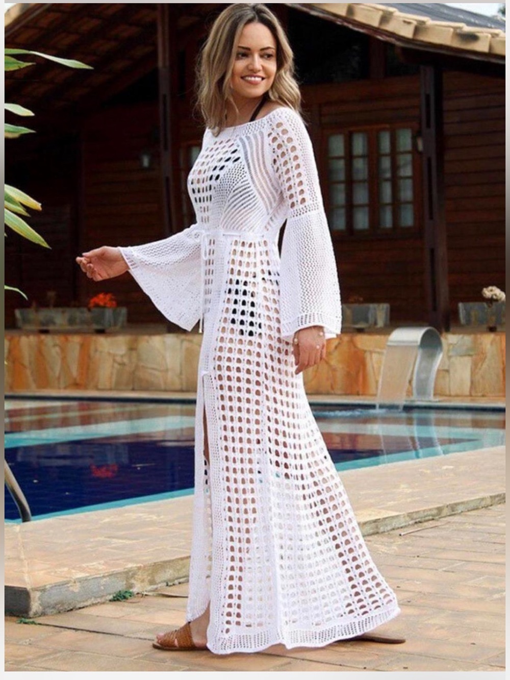 Source Unknown White Crochet Maxi Swim Cover-Up with Front Slit
